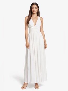 White V-Neck Smocked Waist Flowing Sophisticated Sleeveless Maxi Dress